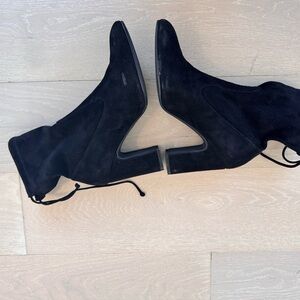 Stuart Weitzman Black Suede Pointed-Toe Mid-Calf Block Heel Boots